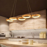 Modern 4 Circle LED Pendant Light Bamboo Wood and Acrylic Dining Room Ceiling Fixture