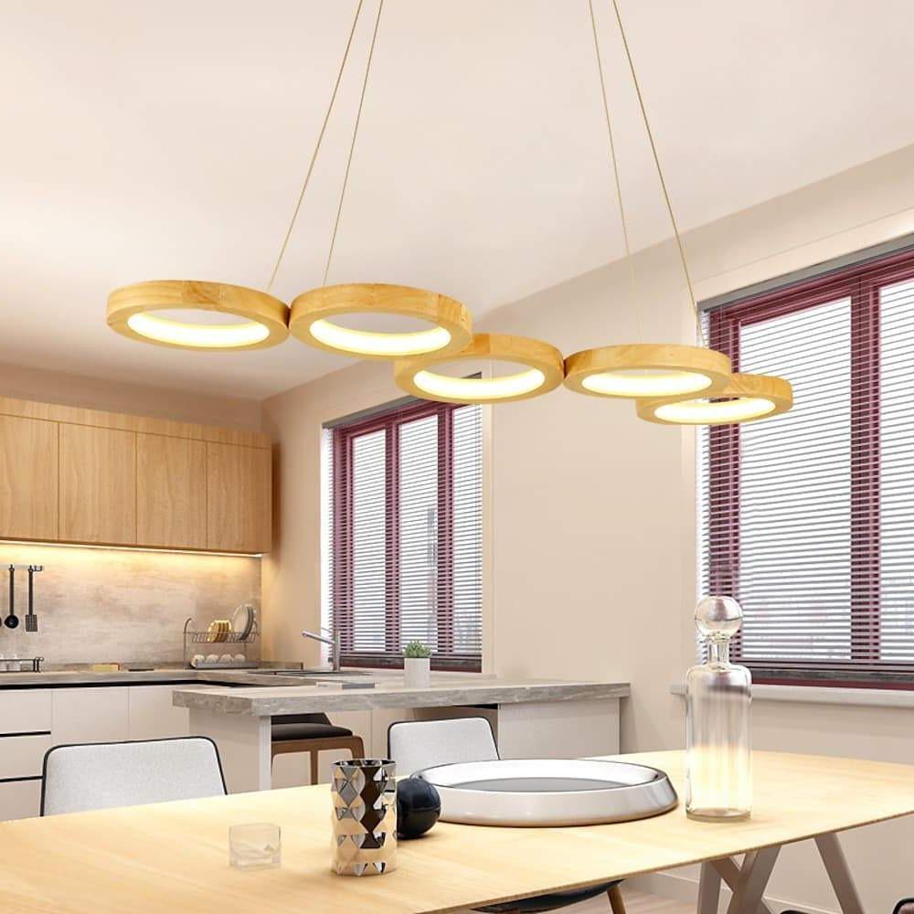 Modern 4 Circle LED Pendant Light Bamboo Wood and Acrylic Dining Room Ceiling Fixture