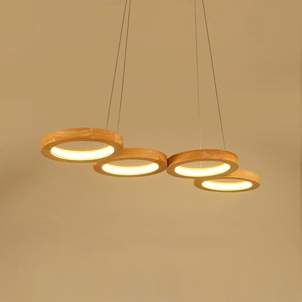 Modern 4 Circle LED Pendant Light Bamboo Wood and Acrylic Dining Room Ceiling Fixture