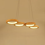 Modern 4 Circle LED Pendant Light Bamboo Wood and Acrylic Dining Room Ceiling Fixture