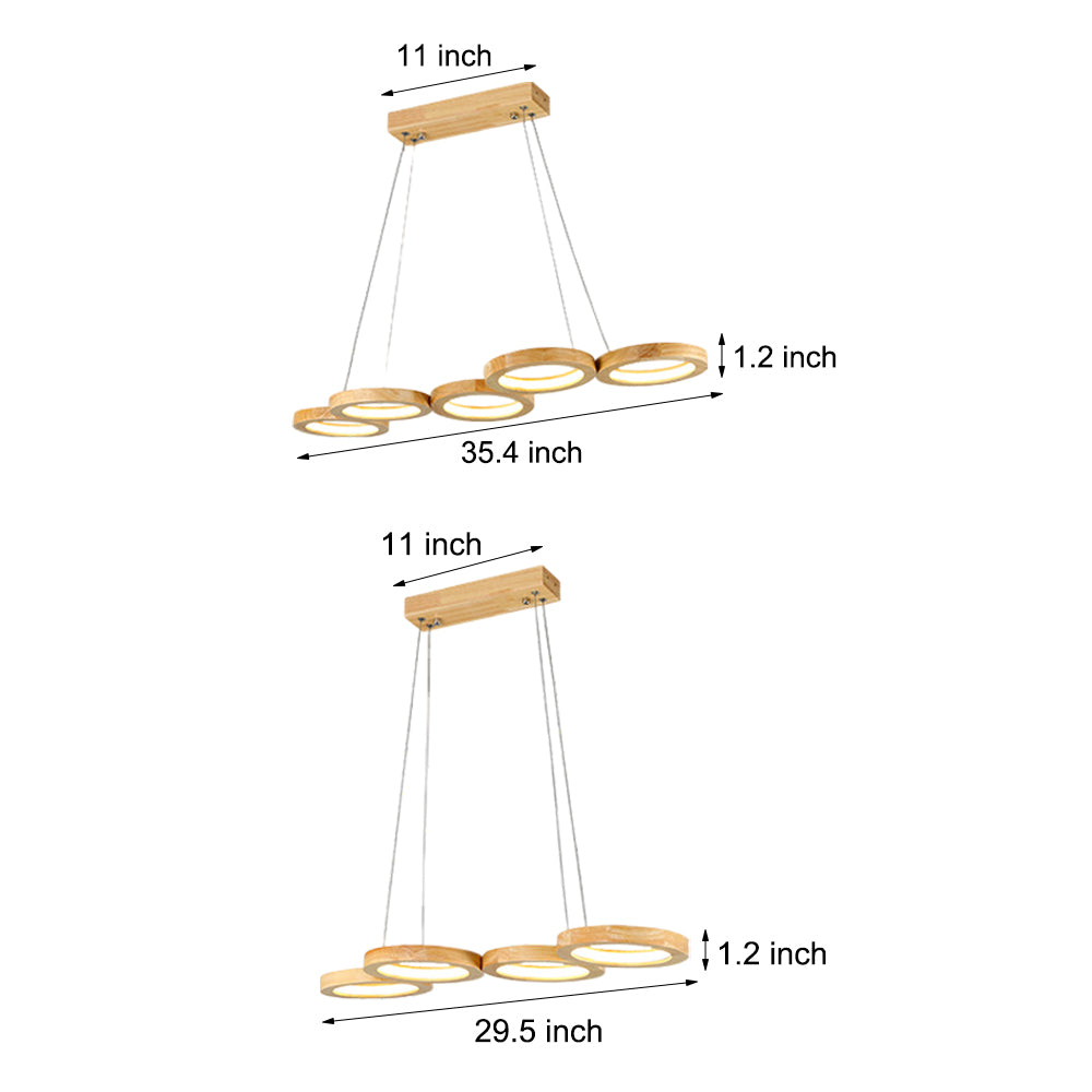 Modern 4 Circle LED Pendant Light Bamboo Wood and Acrylic Dining Room Ceiling Fixture