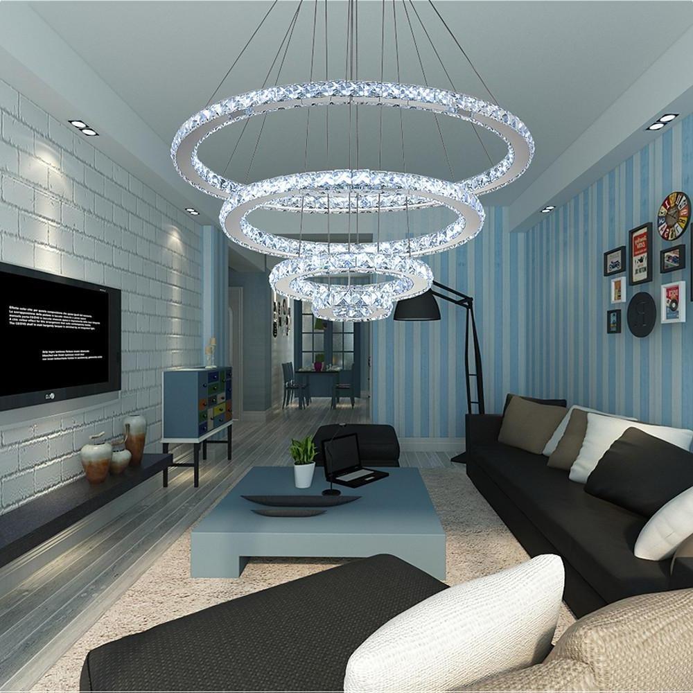 Modern 4 Ring Crystal LED Chandelier Electroplated Pendant Light Hanging Fixture