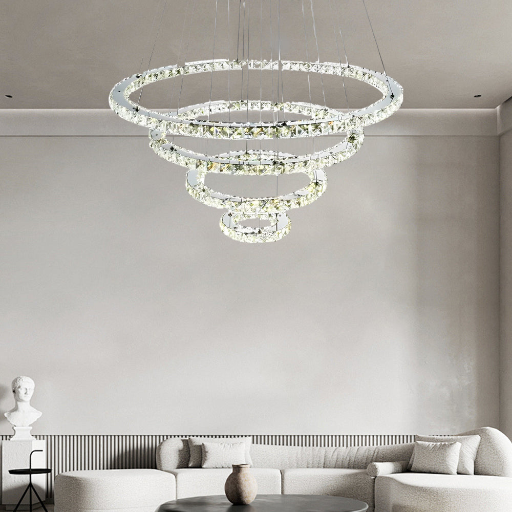 Modern 4 Ring Crystal LED Chandelier Electroplated Pendant Light Hanging Fixture