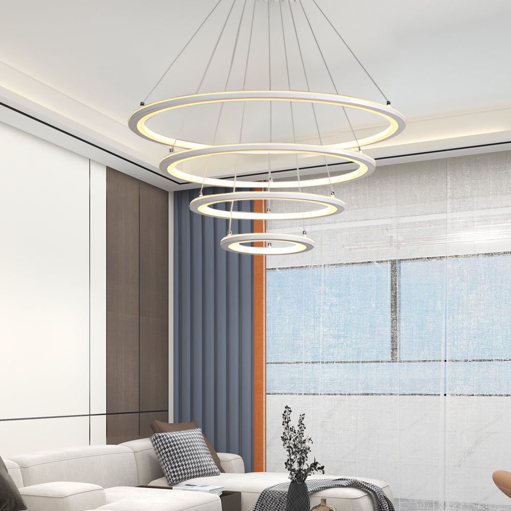 Modern 4 Ring LED Chandelier Dimmable Mid Century Circle Pendant Lighting with Remote