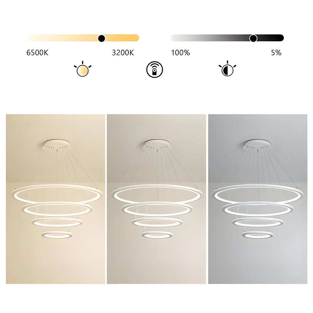 Modern 4 Ring LED Chandelier Dimmable Mid Century Circle Pendant Lighting with Remote