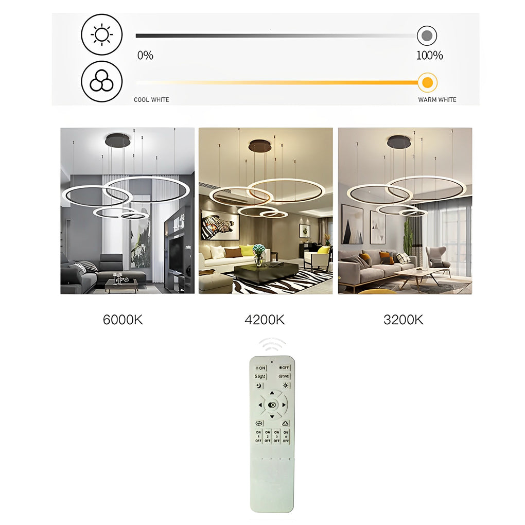 Modern 4 Ring LED Pendant Light Dimmable Geometric Artistic Chandelier for Dining Living Room