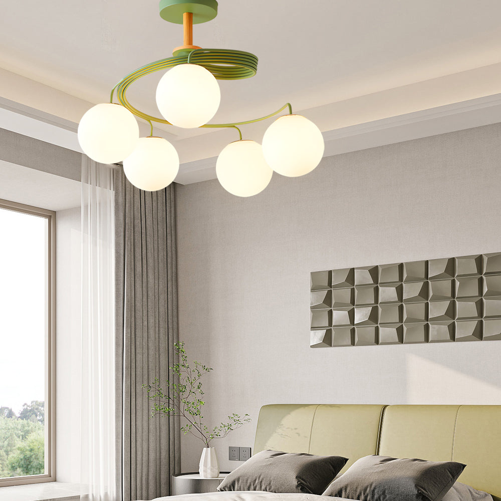 Modern 5 Light Glass Globe Spiral Metal Semi Flush Mount Ceiling Lamp for Home