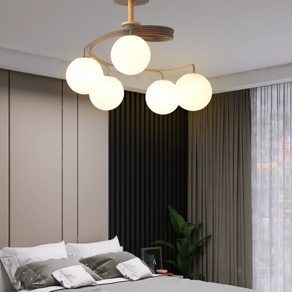 Modern 5 Light Glass Globe Spiral Metal Semi Flush Mount Ceiling Lamp for Home