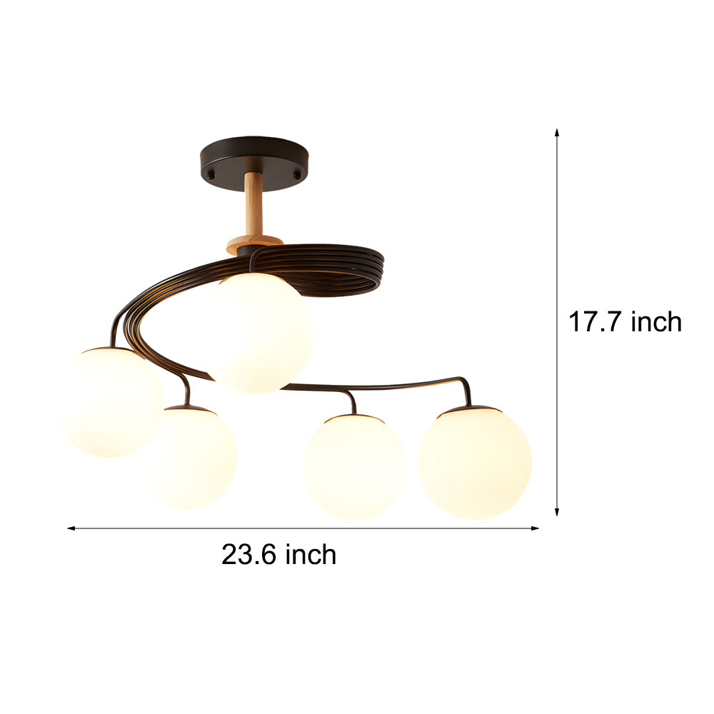 Modern 5 Light Glass Globe Spiral Metal Semi Flush Mount Ceiling Lamp for Home
