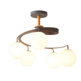 Modern 5 Light Glass Globe Spiral Metal Semi Flush Mount Ceiling Lamp for Home