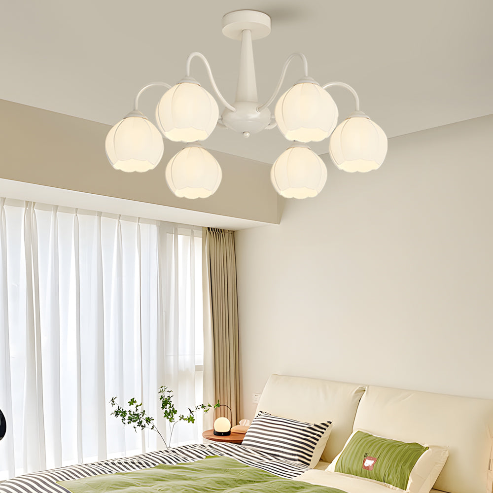Modern 6 Light Bell Orchid Flower Glass Chandelier Three Step Dimming Ceiling Lamp