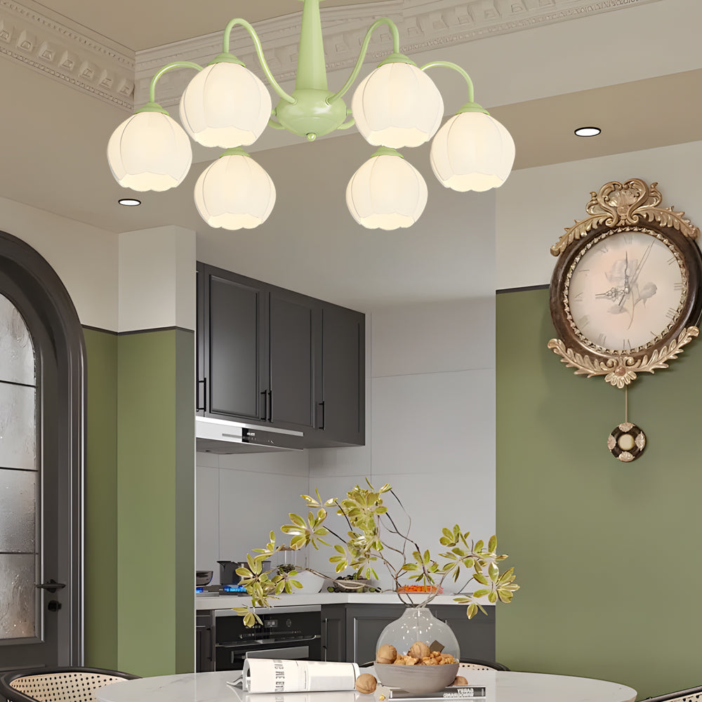Modern 6 Light Bell Orchid Flower Glass Chandelier Three Step Dimming Ceiling Lamp