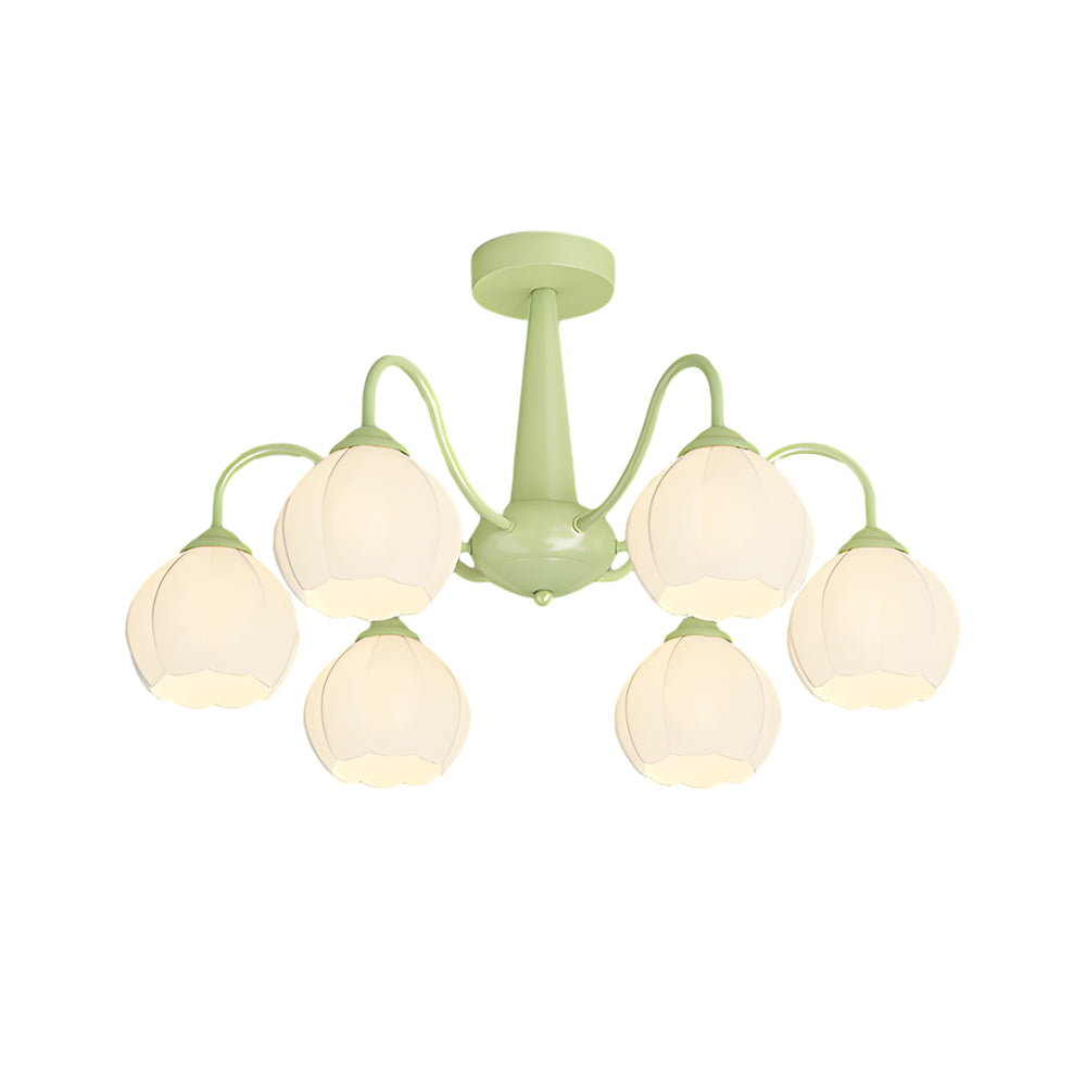 Modern 6 Light Bell Orchid Flower Glass Chandelier Three Step Dimming Ceiling Lamp