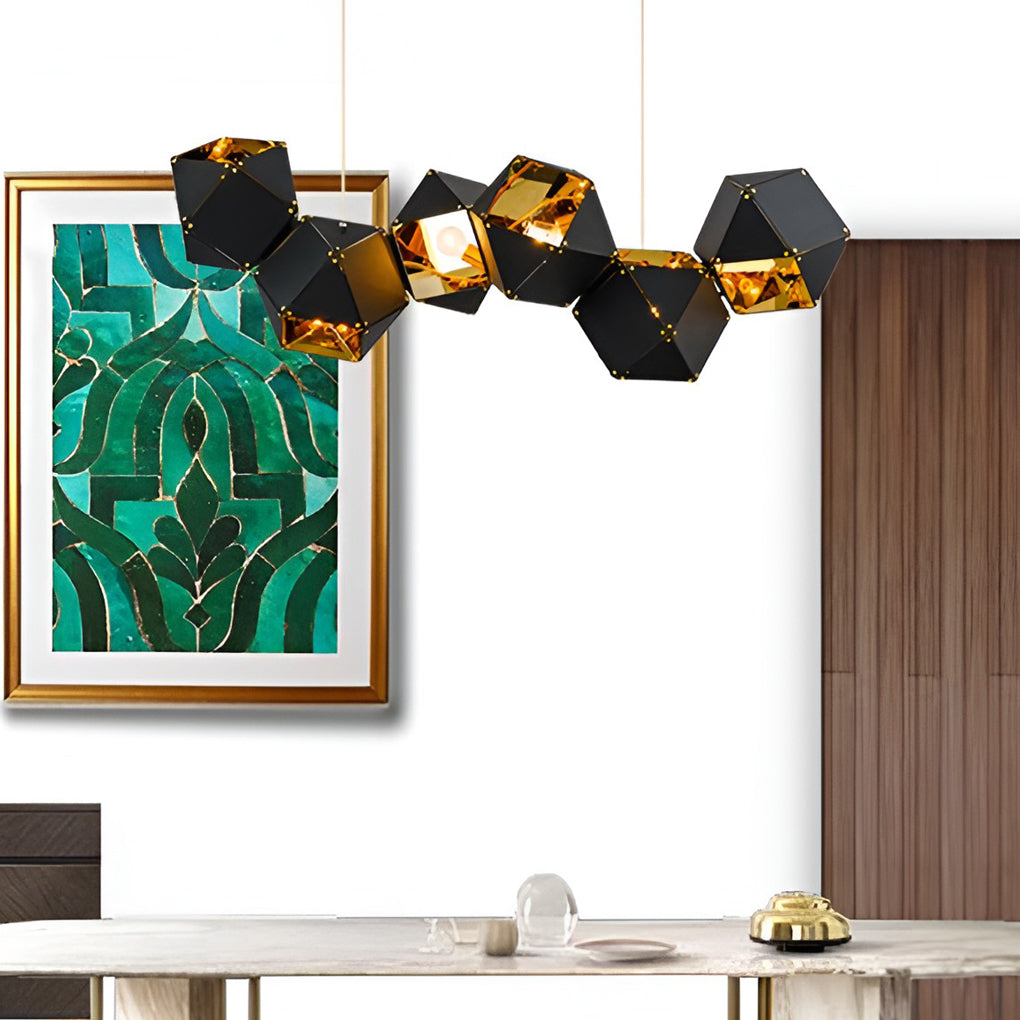 Modern 6 Light Black Geometric Polygonal Chandelier with Gold Interior for Dining Room