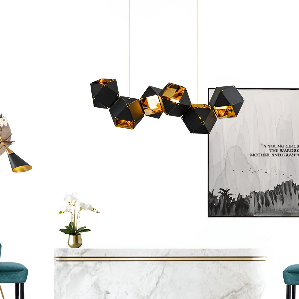 Modern 6 Light Black Geometric Polygonal Chandelier with Gold Interior for Dining Room