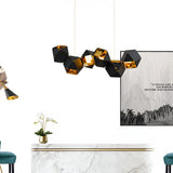 Modern 6 Light Black Geometric Polygonal Chandelier with Gold Interior for Dining Room