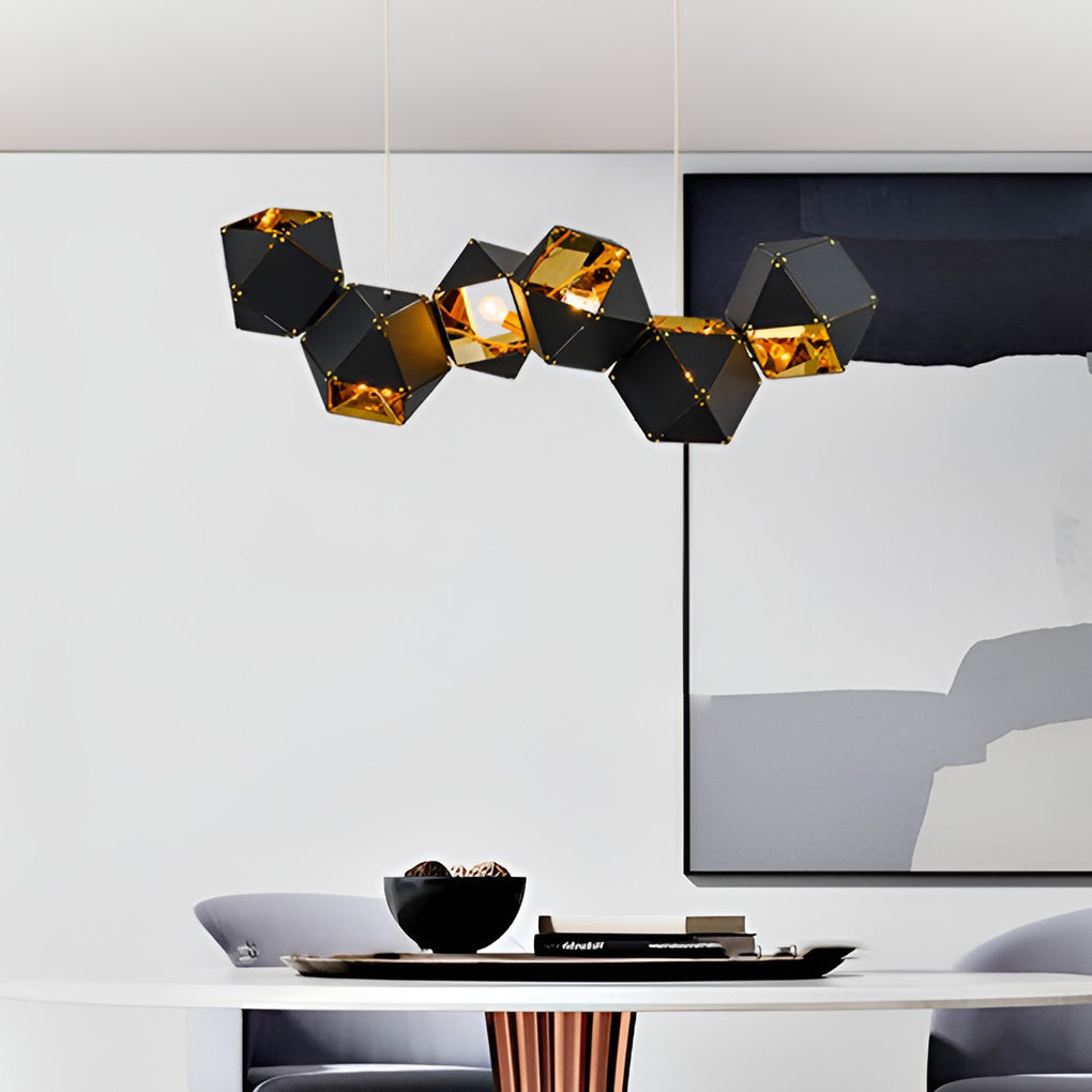 Modern 6 Light Black Geometric Polygonal Chandelier with Gold Interior for Dining Room