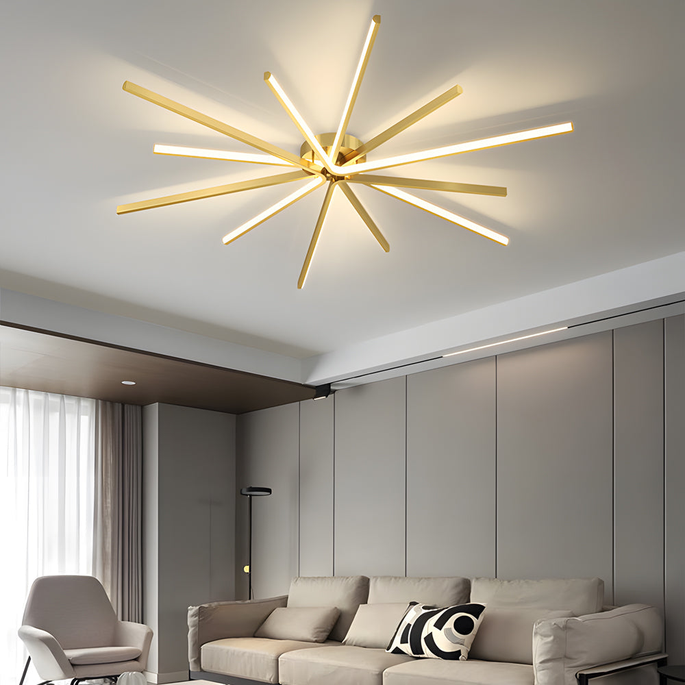 Modern 6 Light Copper Fireworks LED Semi Flush Mount Starburst Ceiling Light with 3 Step Dimming