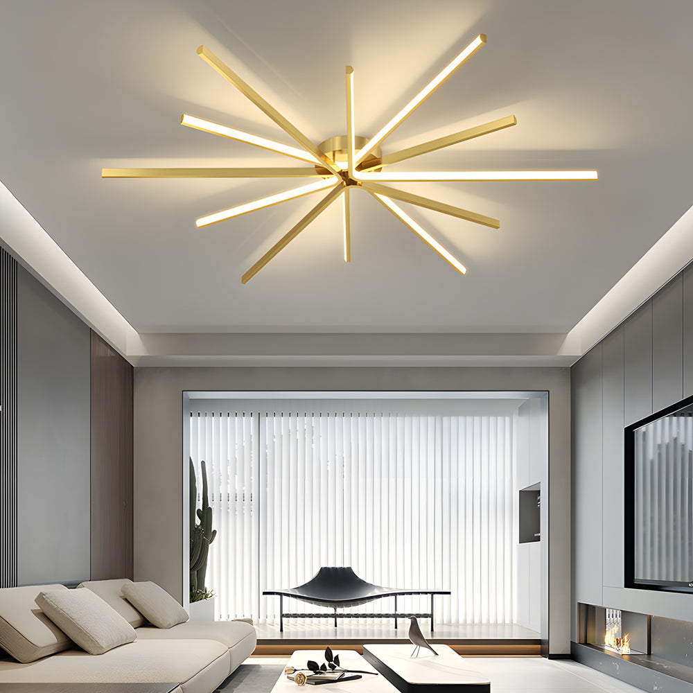 Modern 6 Light Copper Fireworks LED Semi Flush Mount Starburst Ceiling Light with 3 Step Dimming