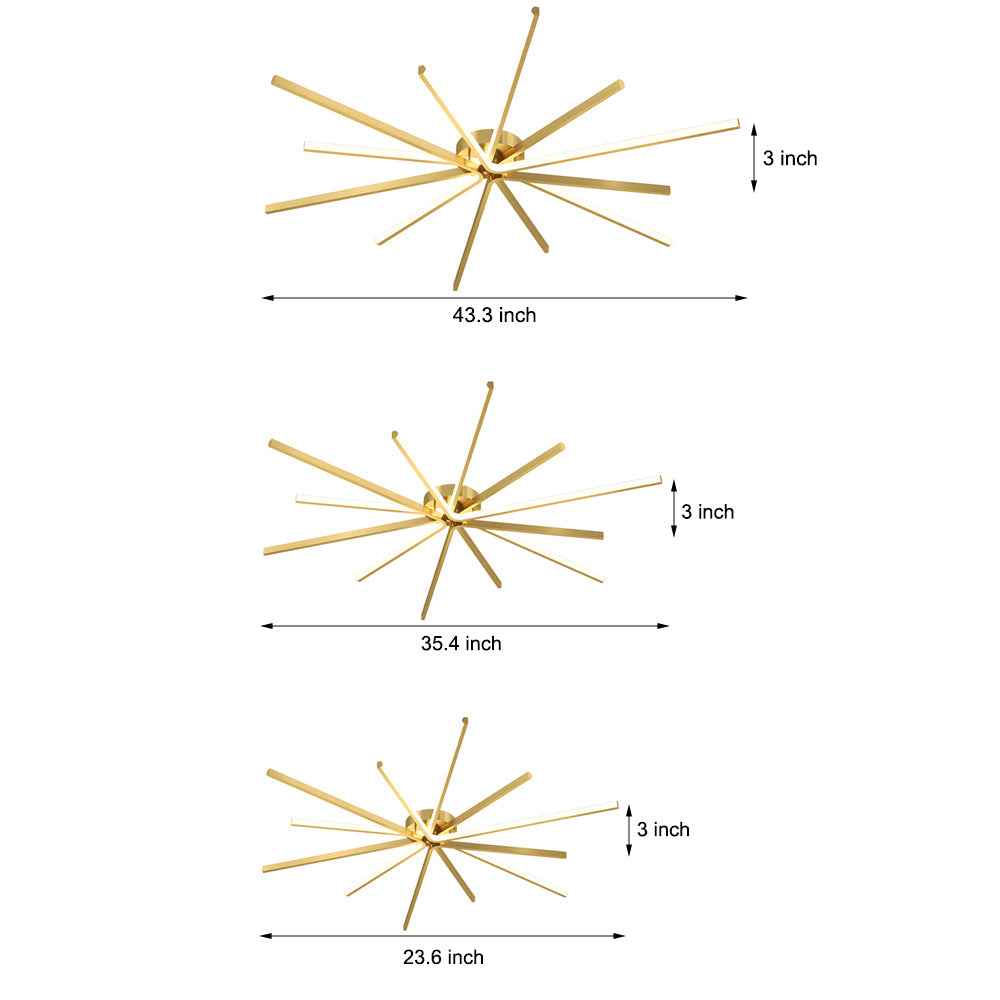 Modern 6 Light Copper Fireworks LED Semi Flush Mount Starburst Ceiling Light with 3 Step Dimming