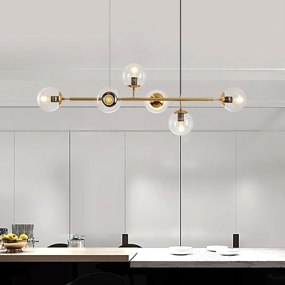 Modern 6 Light Glass Globe Chandelier Electroplated Metal Pendant Hanging Ceiling Lamp for Dining Room