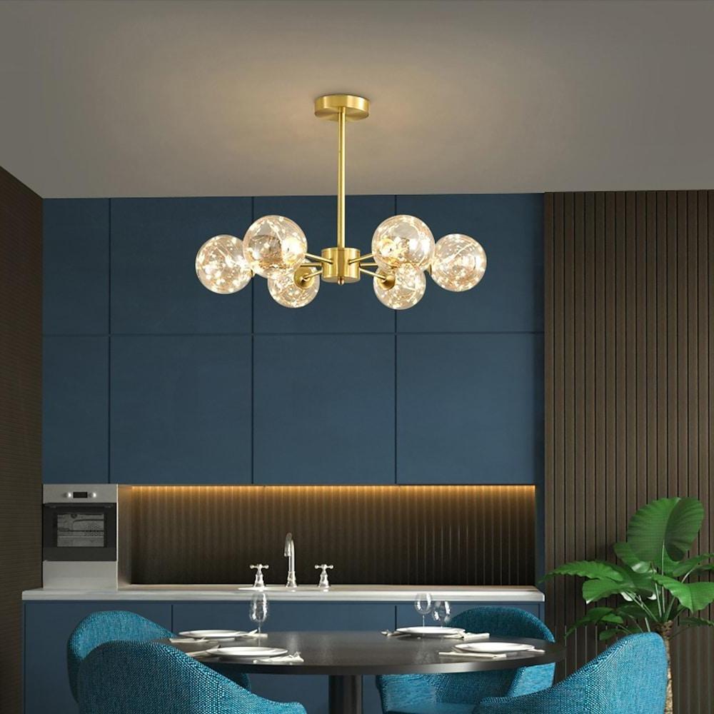 Modern 6 Light Gold LED Globe Chandelier Glass Pendant Light for Kitchen and Dining Room
