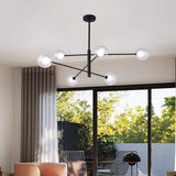 Modern 6 Light Linear Sputnik Chandelier with Glass Globes Black Metal Fixture