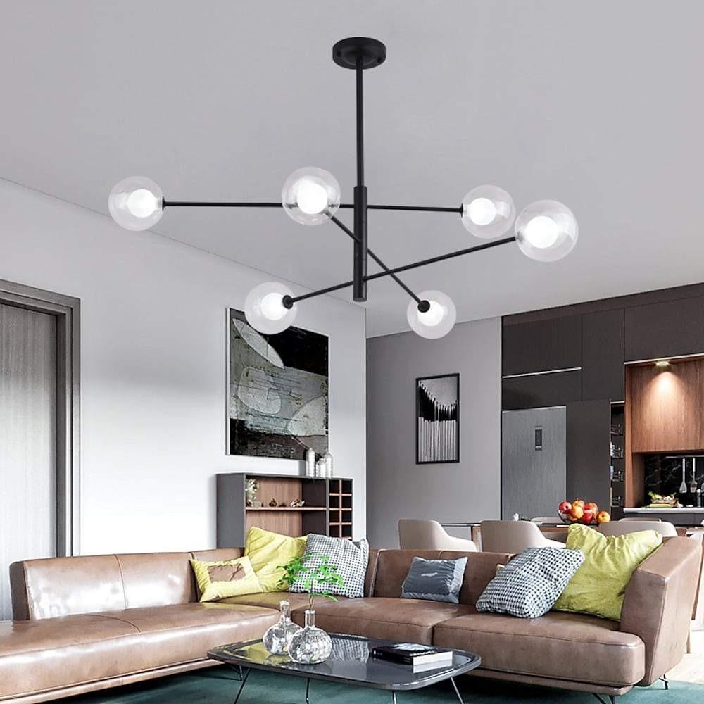 Modern 6 Light Linear Sputnik Chandelier with Glass Globes Black Metal Fixture