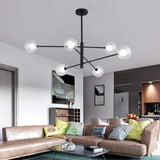 Modern 6 Light Linear Sputnik Chandelier with Glass Globes Black Metal Fixture