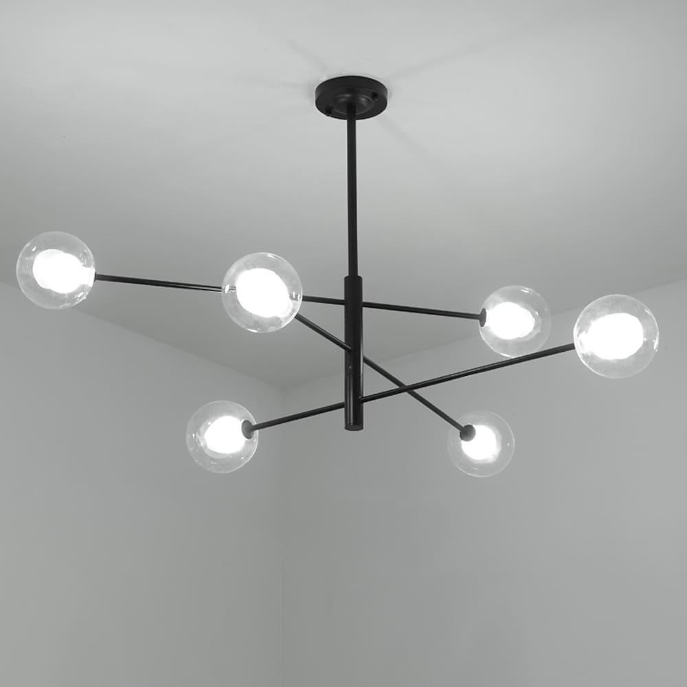 Modern 6 Light Linear Sputnik Chandelier with Glass Globes Black Metal Fixture