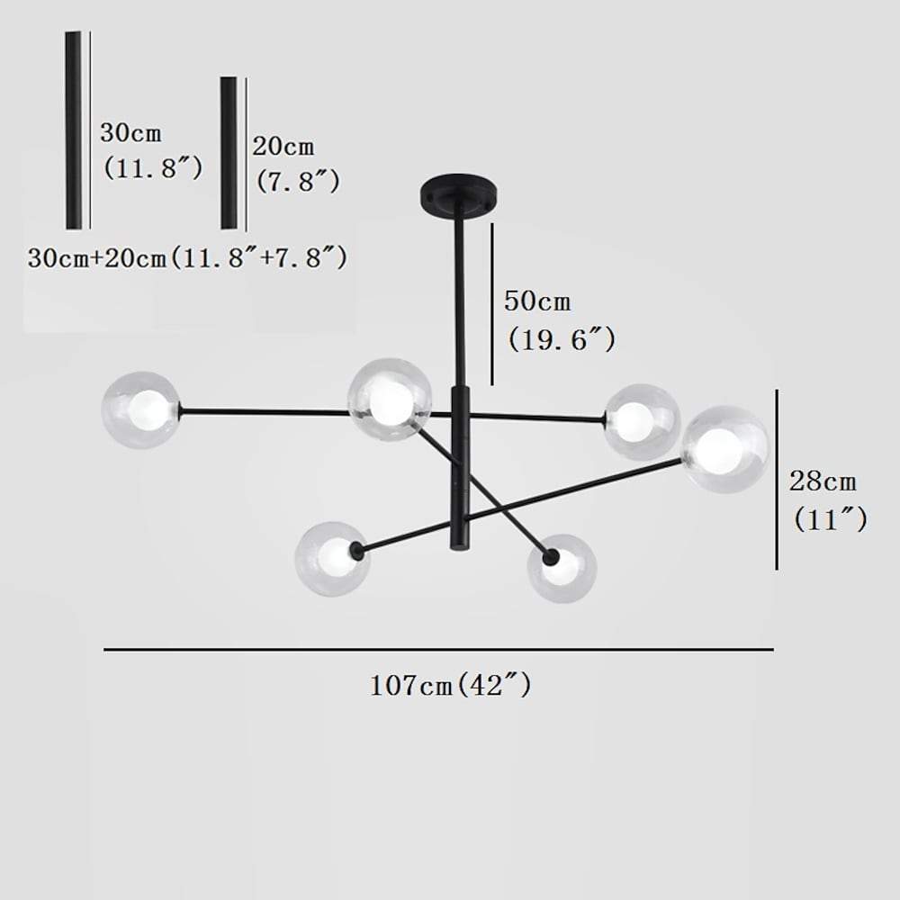 Modern 6 Light Linear Sputnik Chandelier with Glass Globes Black Metal Fixture