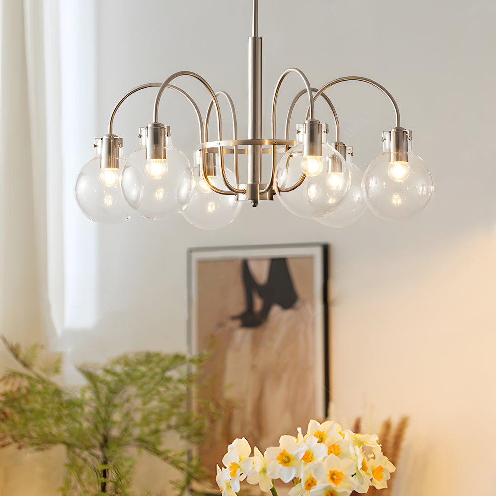 Modern 6 Light Nickel Chandelier with Clear Glass Globe Shades for Dining Room and Living Room
