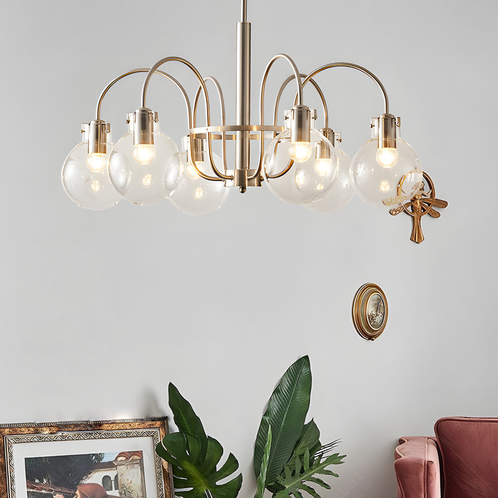 Modern 6 Light Nickel Chandelier with Clear Glass Globe Shades for Dining Room and Living Room