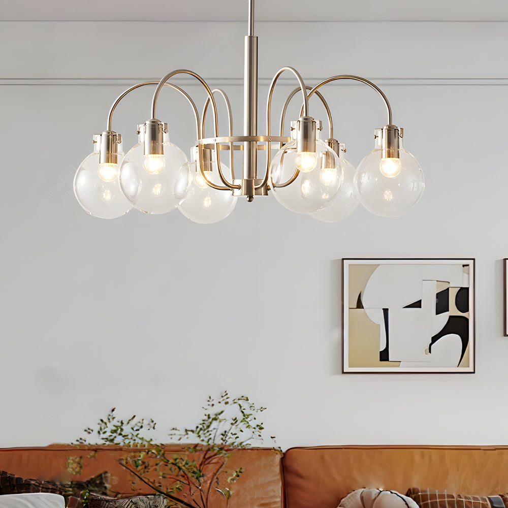 Modern 6 Light Nickel Chandelier with Clear Glass Globe Shades for Dining Room and Living Room