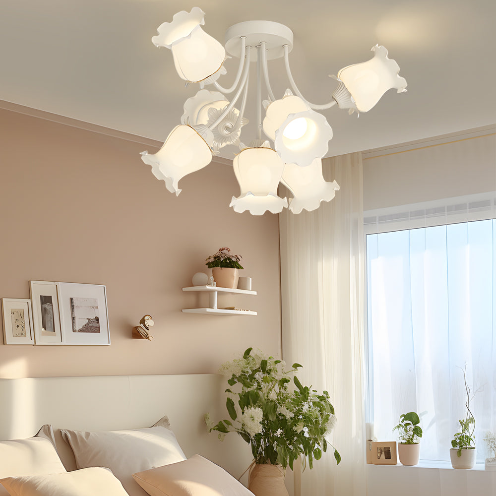 Modern 7 Light White Floral Glass Petal Ceiling Fixture with 3 Color Step Dimming
