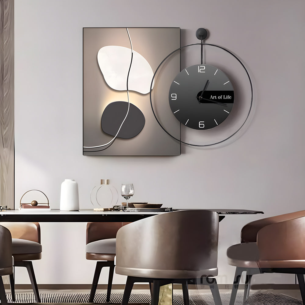 Modern Abstract Geometric Canvas Wall Art Decor Integrated Silent Clock Brushed Aluminum Frame