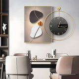 Modern Abstract Geometric Canvas Wall Art Decor Integrated Silent Clock Brushed Aluminum Frame