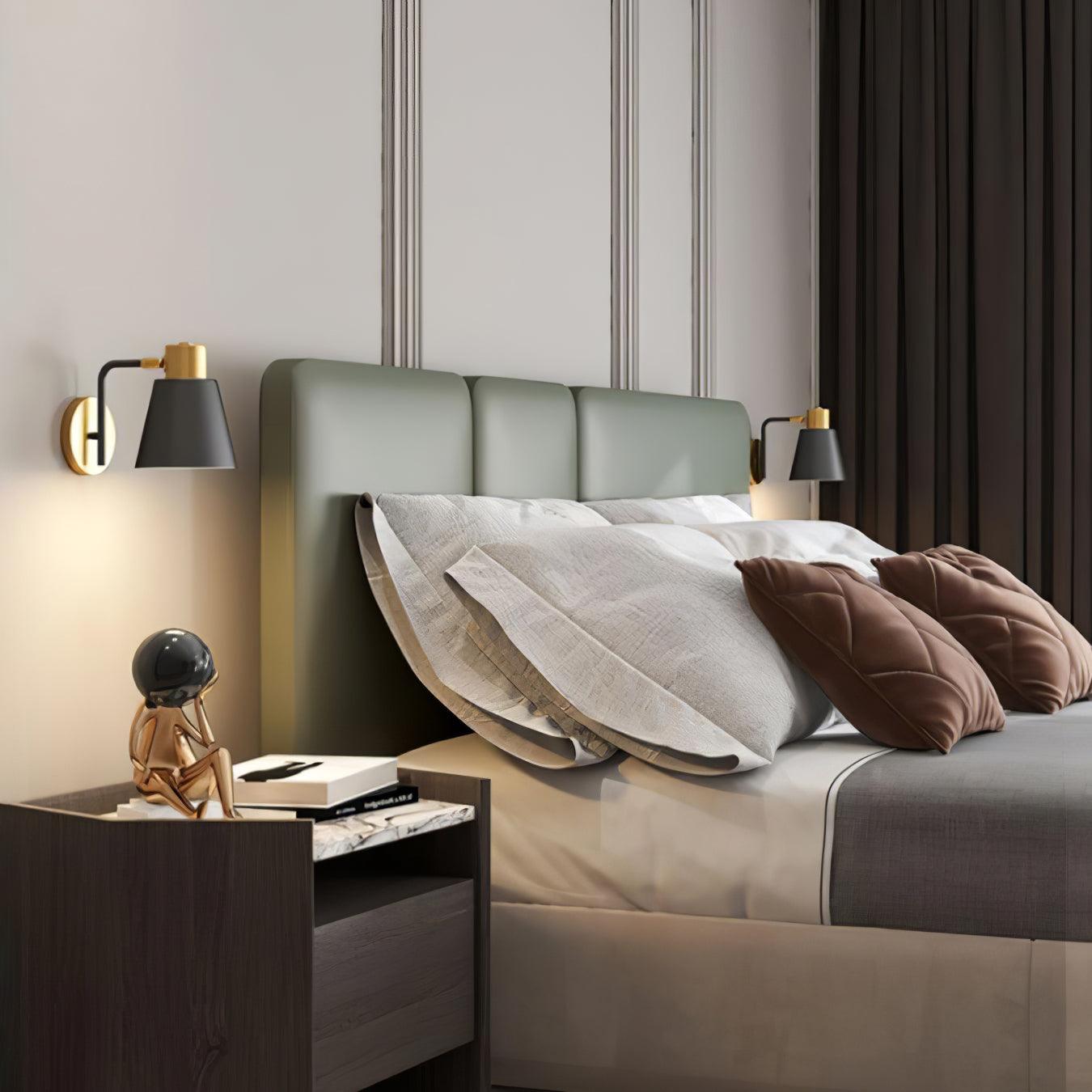 Modern Adjustable Arm Wall Sconce Set of 2 Black and Gold Trumpet Shade Lighting