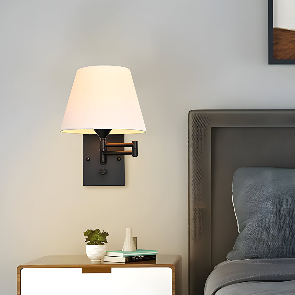 Modern Adjustable Swing Arm Wall Sconce with Fabric Shade and Metal Frame for Reading Nooks