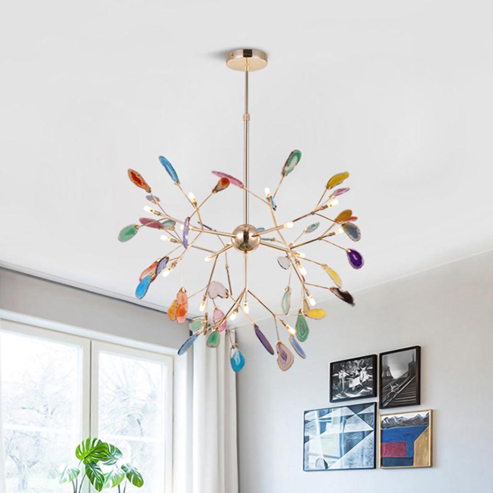 Modern Agate Flake Crown Chandelier Natural Onyx Stone Pendant Light in Gold