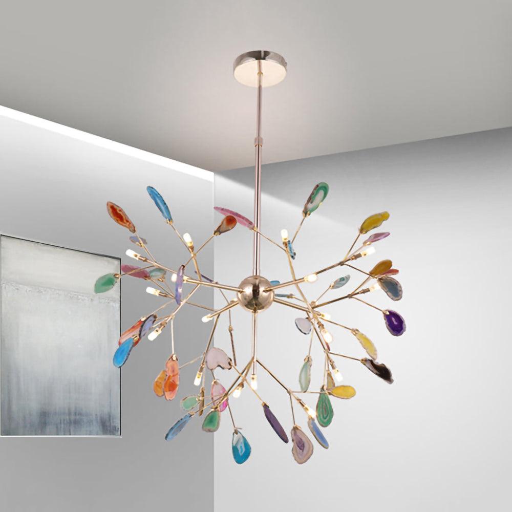 Modern Agate Flake Crown Chandelier Natural Onyx Stone Pendant Light in Gold
