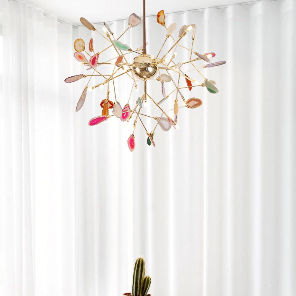 Modern Agate Flake Crown Chandelier Natural Onyx Stone Pendant Light in Gold