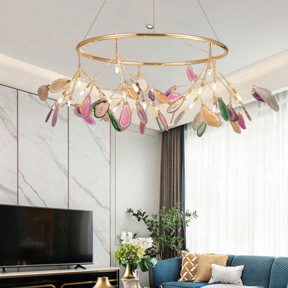 Modern Agate Flake Crown Chandelier Natural Onyx Stone Pendant Light in Gold