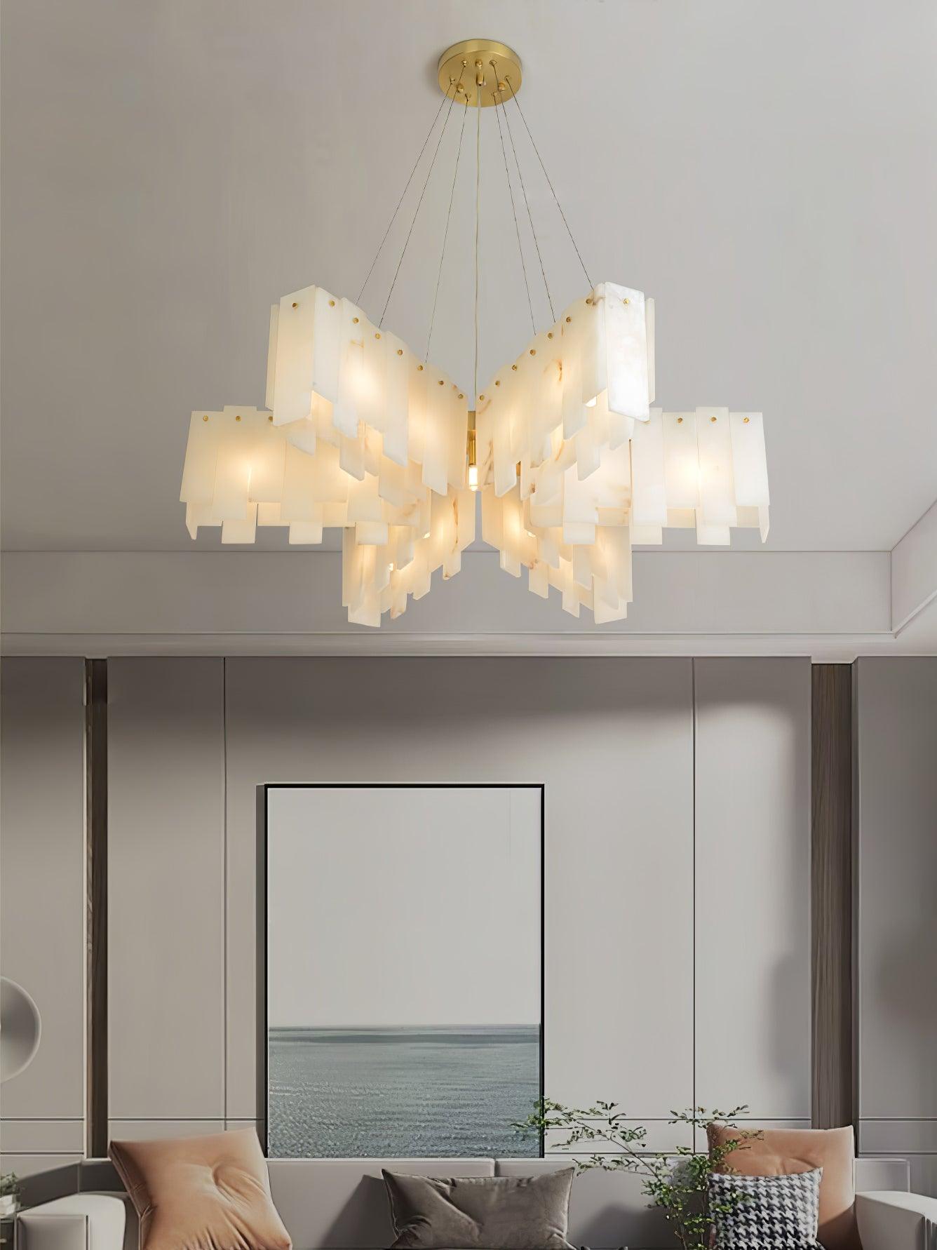 Modern Alabaster Cascade Tiered Chandelier with Brass Finish Luxury Ceiling Pendant Light