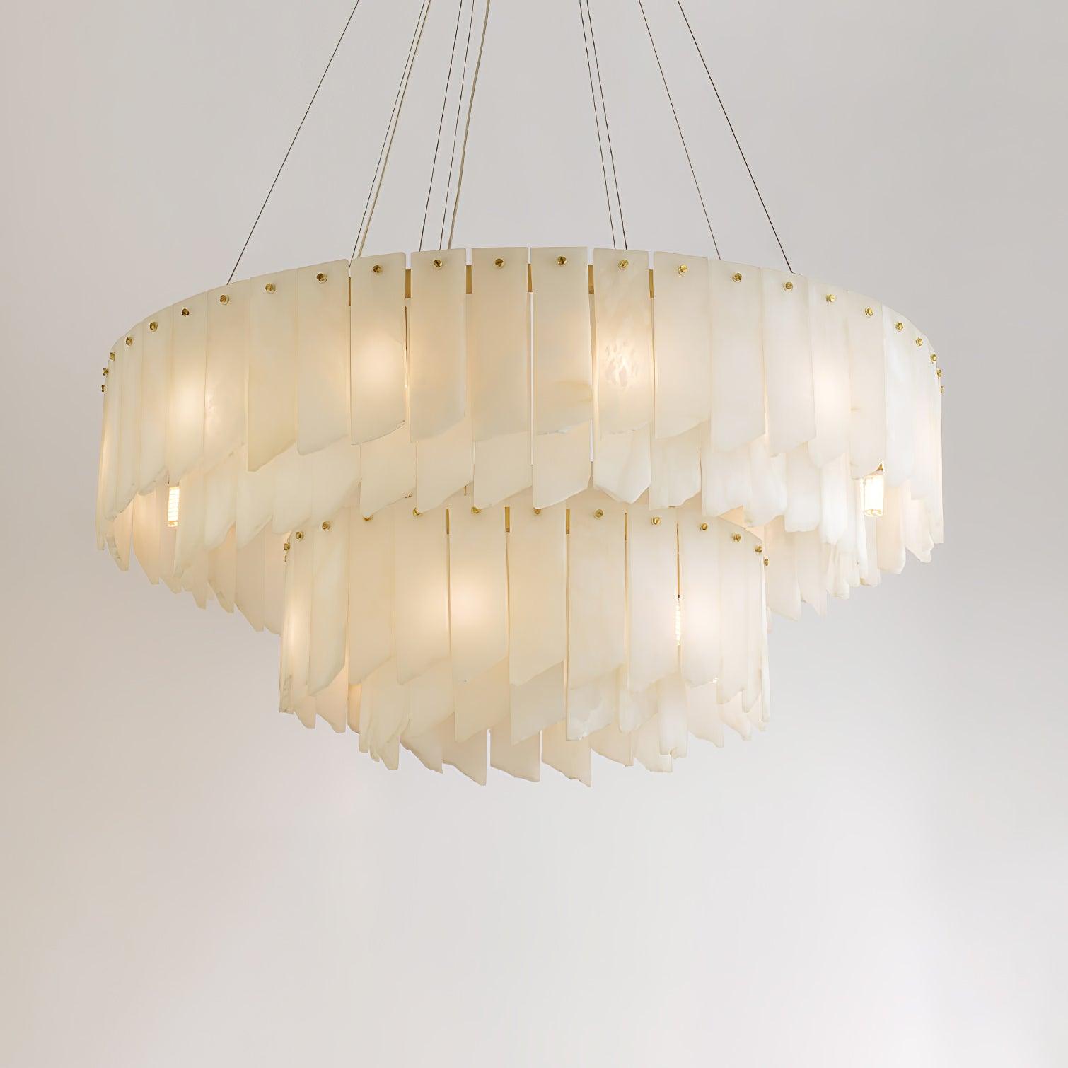 Modern Alabaster Cascade Tiered Chandelier with Brass Finish Luxury Ceiling Pendant Light