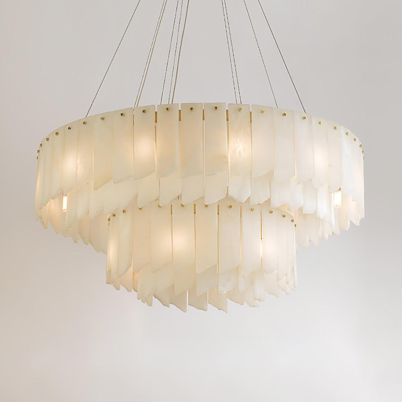 Modern Alabaster Cascade Tiered Chandelier with Brass Finish Luxury Ceiling Pendant Light