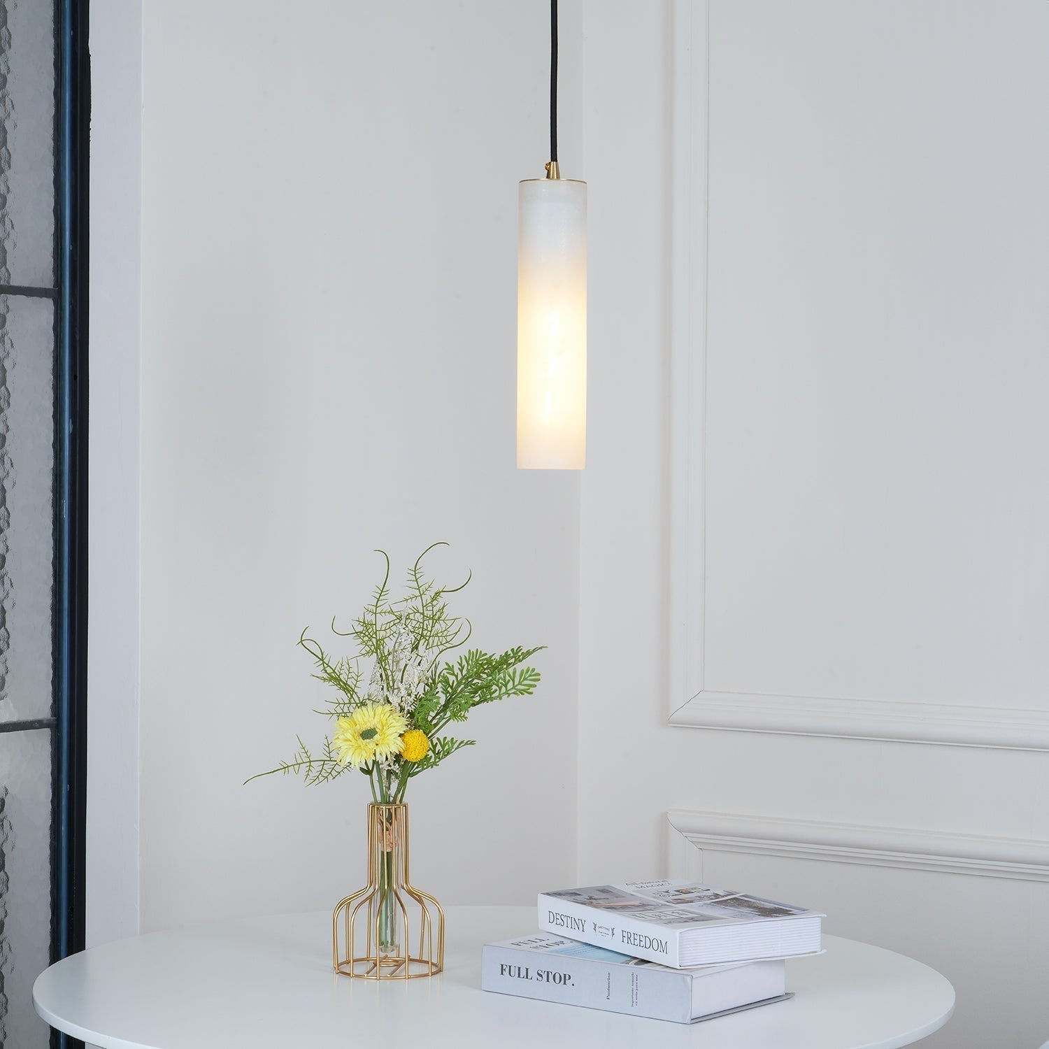 Modern Alabaster Cylinder Pendant Light Minimalist Natural Stone Droplet Hanging Lamp