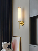 Modern Alabaster Cylinder Wall Sconce with Antique Brass Finish for Luxury Hallway and Bedroom Lighting