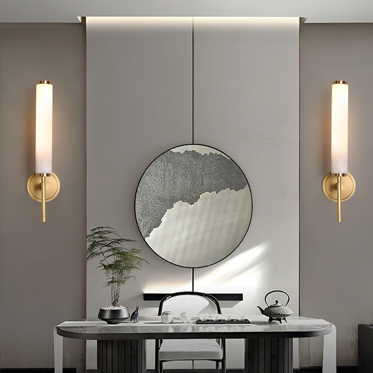 Modern Alabaster Cylinder Wall Sconce with Antique Brass Finish for Luxury Hallway and Bedroom Lighting