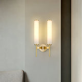 Modern Alabaster Cylinder Wall Sconce with Antique Brass Finish for Luxury Hallway and Bedroom Lighting